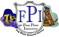 Find Poop Instantly Dog Waste Removal Service logo has two detective dogs searching for poop