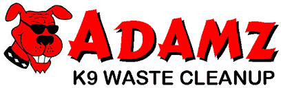 A grinning dog in sunglasses is the logo for Adamz K9 Waste Cleanup