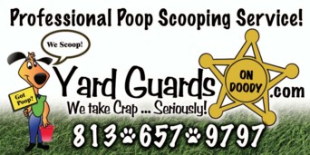 Florida's Premier Poooper Scooper Yard Guards on Doody features a dog in a badge for the logo
